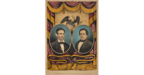 A color print of two oval portraits of White men in suits against a backdrop of red curtains with yellow fringe, and a bald eagle holding a shield at center.
