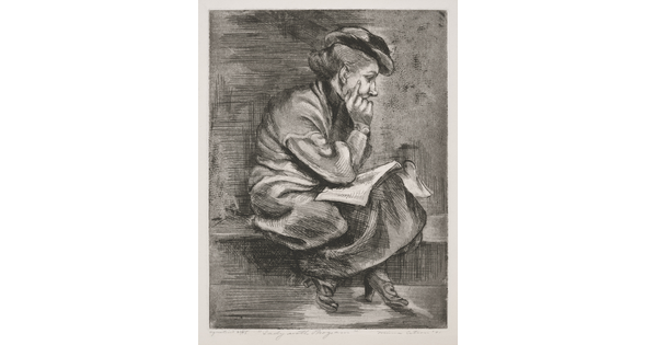 A black-and-white print of a White woman sitting on a ledge or bench resting her head in the palm of one hand, an open booklet on her lap.