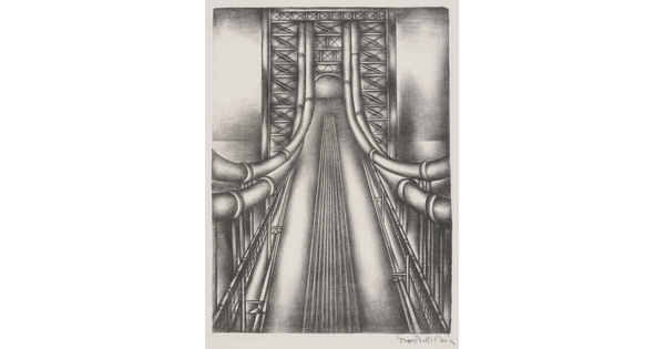 A black-and-white print of a suspension bridge from above looking at the cables to the tower.