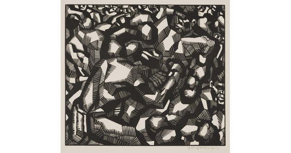 An abstract black-and-white print of graphic, tubular shapes that intertwine and snake together to resemble boxers.