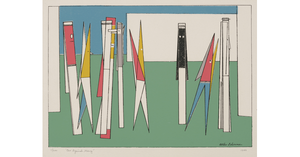 An abstract color print of a group of geometric shapes that resemble pens in pink, yellow, blue, and white, one black and white, and one all white.