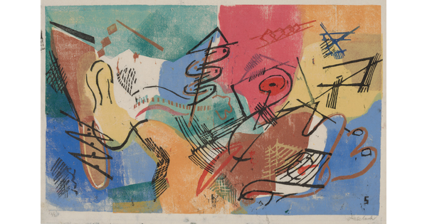 An abstract color print of freeform shapes in green, red, yellow, blue, and orange and black curved and straight lines.