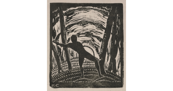 A black-and-white print of a stylized male figure in silhouette cutting down a tree in front of a sun that is either setting or rising.