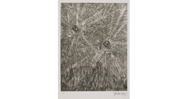 A black-and-white print of two human figures, heads only, with radiating gray-scale lines and shapes over a city skyline.