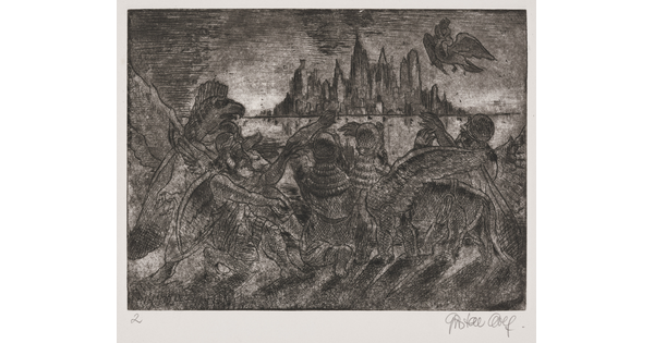 A black-and-white print of a group of mythical half-bird, half-man creatures looking toward a city skyline.