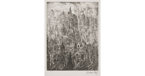 A black-and-white print of a city skyline from a bird's eye view, some buildings reaching up into billowing clouds.