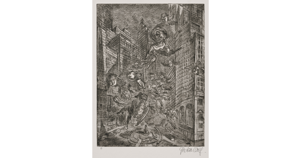 A black-and-white print of skyscrapers surrounding a city plaza that is filled with flying mythical creatures.