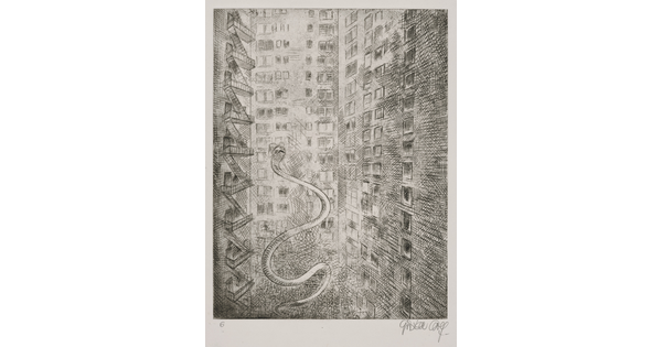 A black-and-white print of tall buildings, some with fire escapes, and a snake hovering up between the buildings.