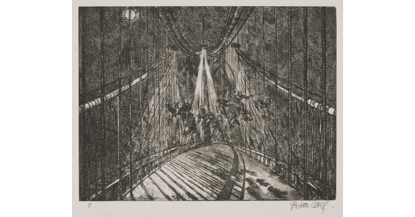 A black-and-white print of a cable-suspension bridge at night with flying mythical creatures under a streetlamp on the bridge.