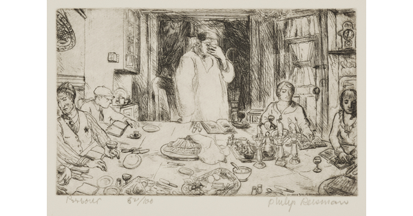 A black-and-white print of a figure standing at a table holding their hand over their face as others sit around the table with wine, plates, candles, and books in front of them.<br />