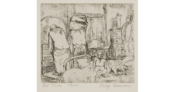 A black-and-white print of two adult figures undressing while a young child sits and a dog lies on a nearby bed.<br />