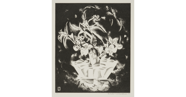 An abstract black-and-white print of white flowers in a white vase against a black background.