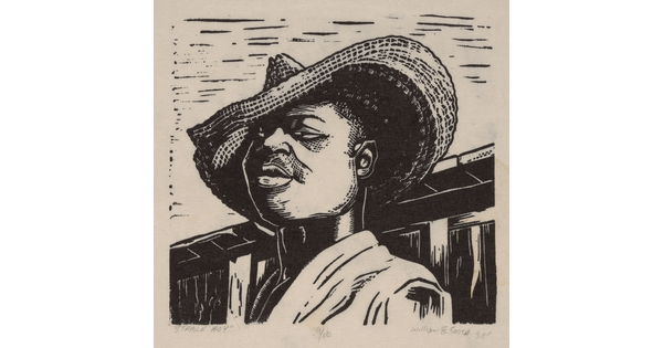 A black-and-white print of a Black boy, from the shoulders up, wearing a straw hat pulled slightly over one eye.