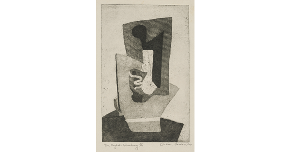 An abstract black-and-white print of white and gray organic shapes fitted together to create a shadowed keyhole shape.<br />