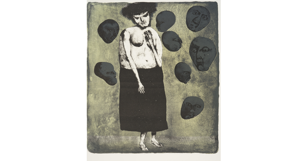 An abstract black-and-white print of a topless White woman wearing a black skirt surrounded by faces floating like balloons.