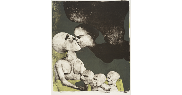 An abstract muted color print of a seated nude person, three smaller figures at their lap, kissing a flying winged figure.