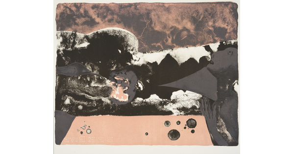 An abstract muted color print of a human figure looking up next to swirls and shapes in pink, white, and black.