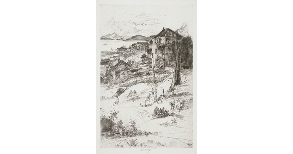 A black-and-white print of goats grazing and children playing in a field in front of houses perched on a steep hill overlooking the sea.