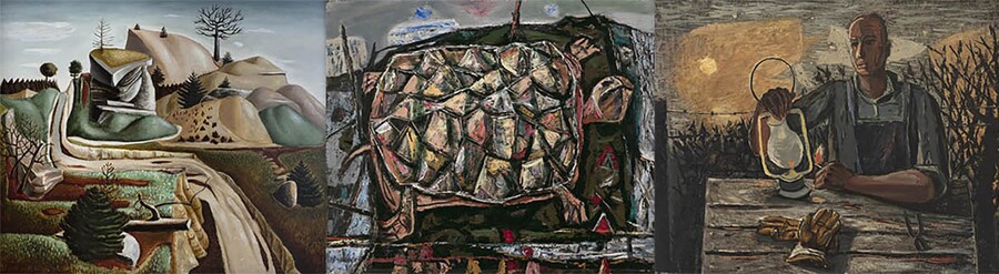 paintings of a landscape, turtle, and man with lantern