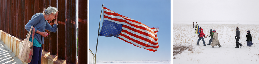 Collage of three photos (L-R): An older woman looks through a tall fence; an American flag flies upside down on a flagpole; five people walk across a snow-covered field.