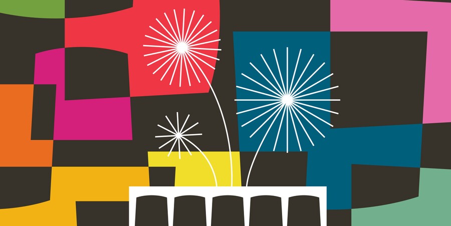 Graphic with arched square shapes in multiple colors behind a silhouette of the Carter museum; stylized fireworks are in the background