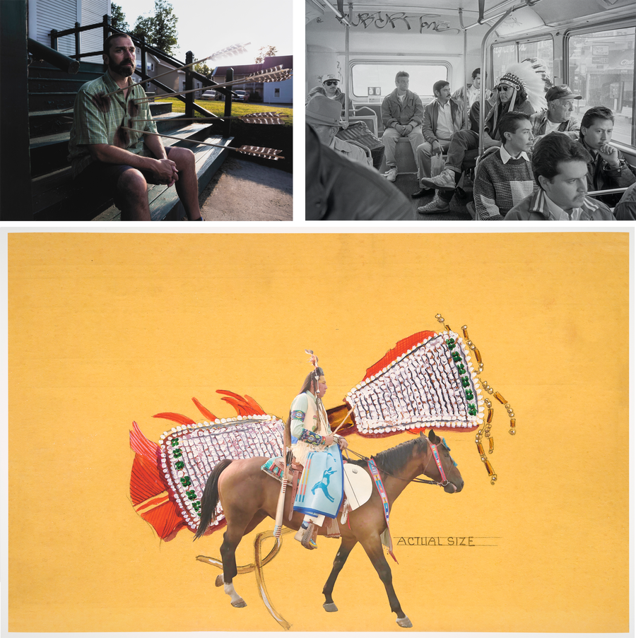 Collage of three images (top, L-R): A bearded man wearing a green plaid shirt sits on steps leading up to a white building, five arrows pierce his torso; black and white photo of men sitting on a public bus, about halfway back one man wears a large native American headdress; (bottom) on a yellow background, a native American rides a horse toward the right, a beaded object with red feathers floats behind them