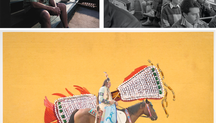 Collage of three images (top, L-R): A bearded man wearing a green plaid shirt sits on steps leading up to a white building, five arrows pierce his torso; black and white photo of men sitting on a public bus, about halfway back one man wears a large native American headdress; (bottom) on a yellow background, a native American rides a horse toward the right, a beaded object with red feathers floats behind them 