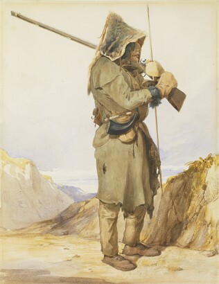Karl Bodmer (1809–1893), Päsesick-Kaskutäu, 1833, Watercolor over graphite on paper