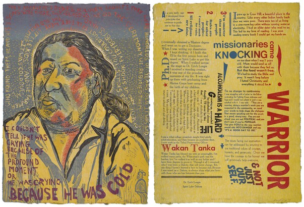 Daniel Heyman (b. 1963)Lucy Ganje (b. 1949), Kim Fink (b. 1951), I Couldn't Tell if He was Crying, 2015, Color reduction woodcut on handmade mulberry and North Dakota native milkweed paper