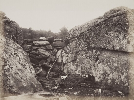 Alexander Gardner (1821–1882), Home of a Rebel Sharpshooter, Gettysburg, 1866, Albumen silver print