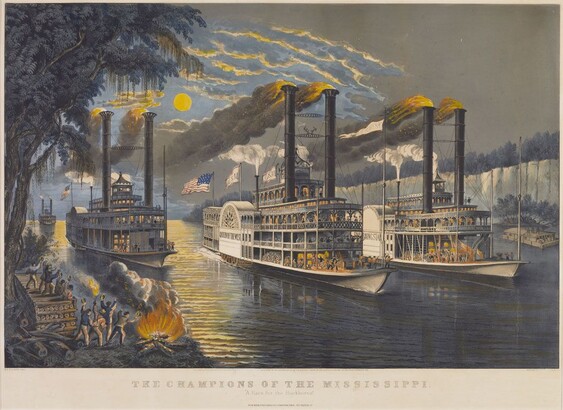 Frances Flora Bond Palmer (1812–1876) The Champions of the Mississippi. "A Race for the Buckhorns." 1866