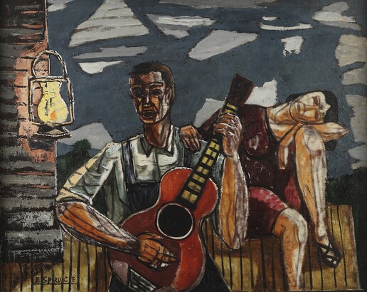 man playing the guitar outside a house with a woman listening