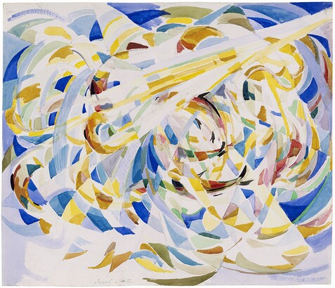 Watercolor painting featuring gold, blue, red, and white swirls across the entire canvas.