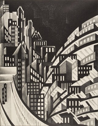 Black and white lithograph showing stylized buildings in the background and a bridge in the lower left foreground.