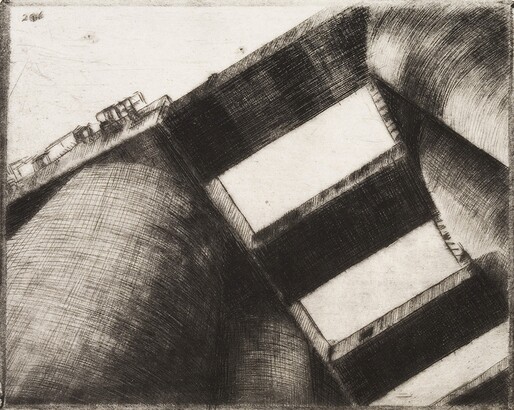 Black and white drypoint engraving of grain elevator as viewed from above.