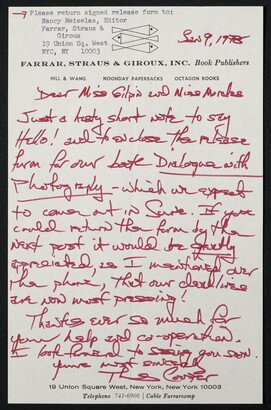 Nancy Meiselas Editor Farrar Strauss And Giroux Inc New York New York To Laura Gilpin January 9 1978 Amon Carter Museum Of American Art