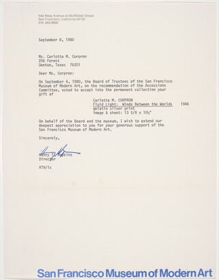 Henry T Hopkins San Francisco Museum Of Modern Art San Francisco California To Carlotta Corpron September 8 1980 Amon Carter Museum Of American Art Henry T Hopkins San Francisco Museum Of Modern Art San Francisco California To Carlotta Corpron September 8 1980 Amon Carter Museum Of American Art