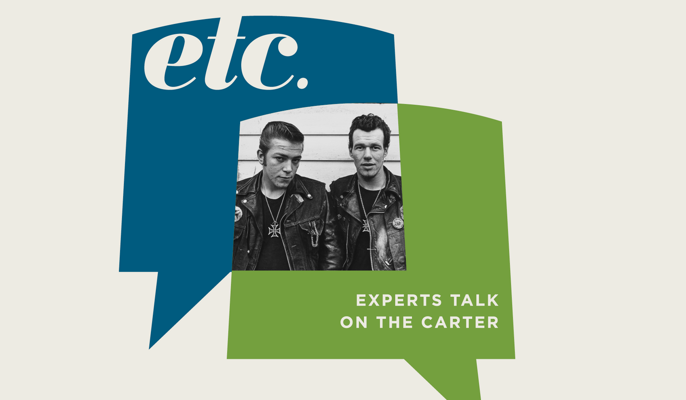 two thought bubbles with an image of a motorcycle gang