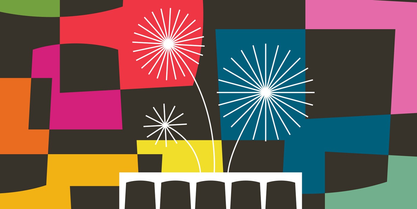 Graphic with arched square shapes in multiple colors behind a silhouette of the Carter museum; stylized fireworks are in the background
