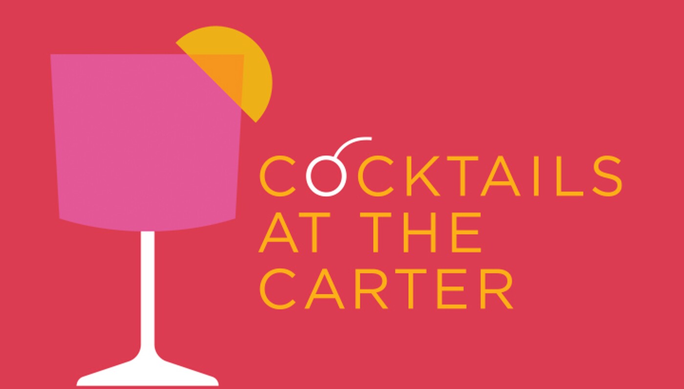 Red background with pink cocktail graphic with a lemon graphic stating Cocktails at the Carter