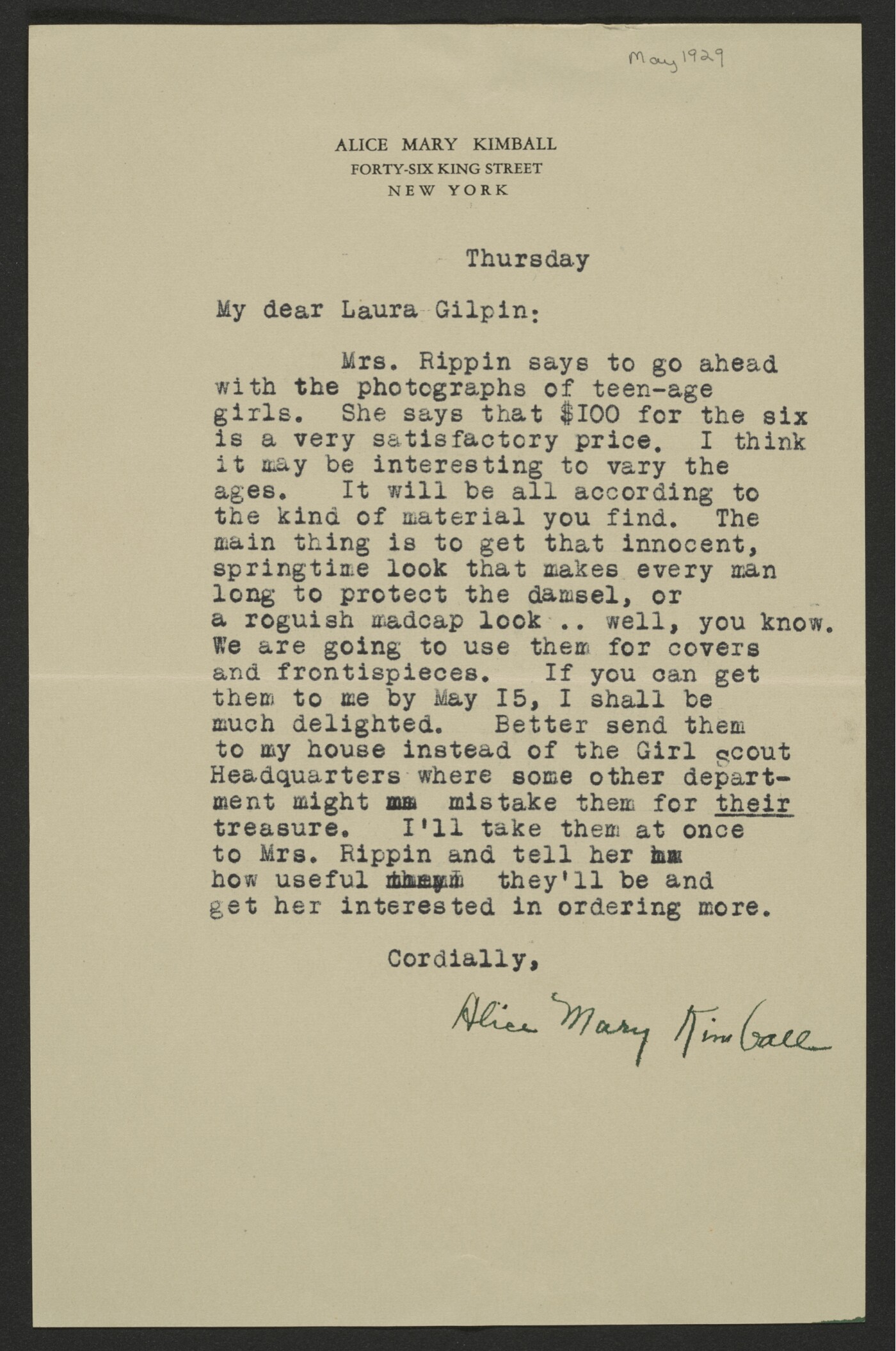 Mary Alice Kimball, New York, New York, to Laura Gilpin. May, 1929