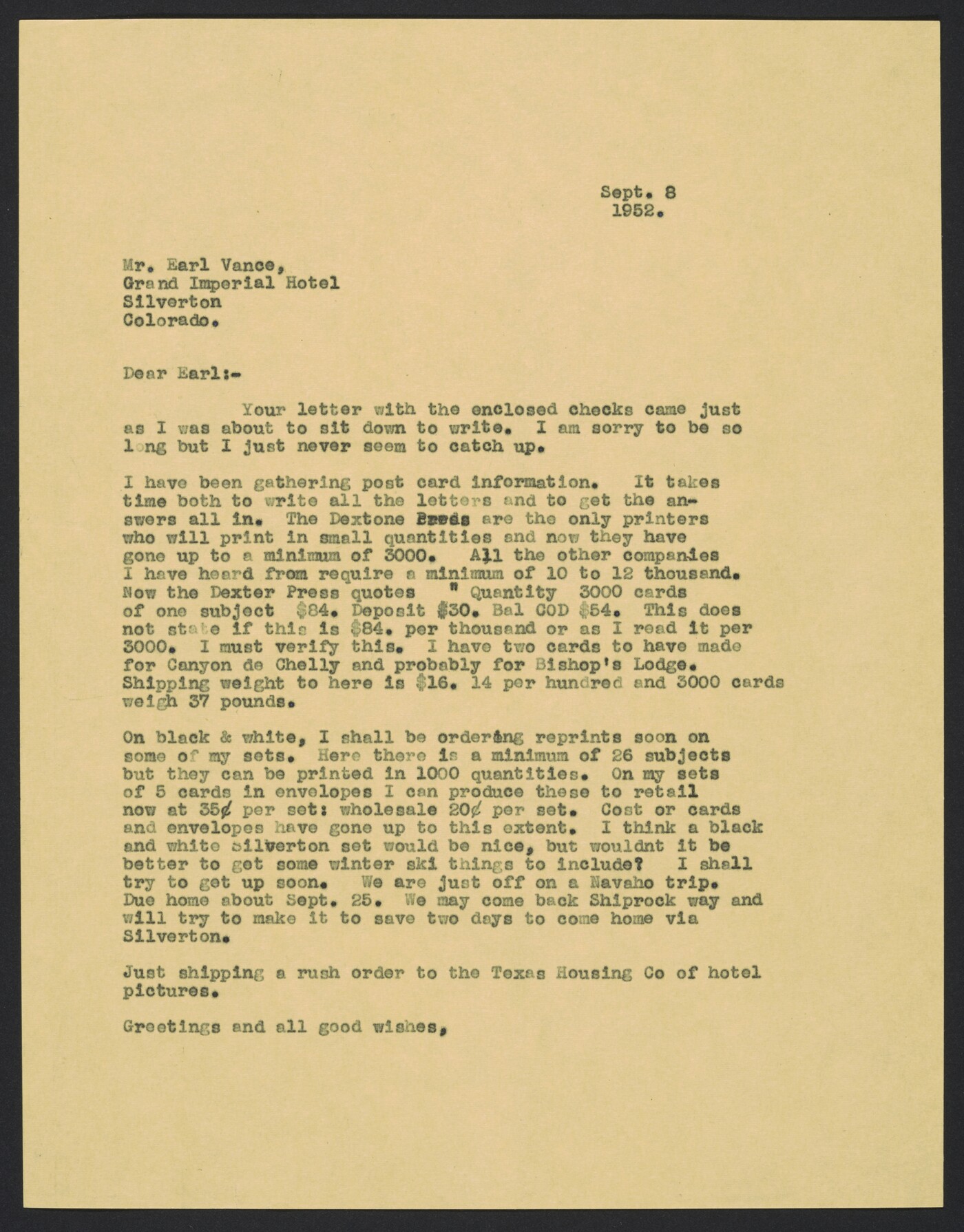 Laura Gilpin, Santa Fe, New Mexico, to Earl Vance, Grand Imperial Hotel.  September 8, 1952.