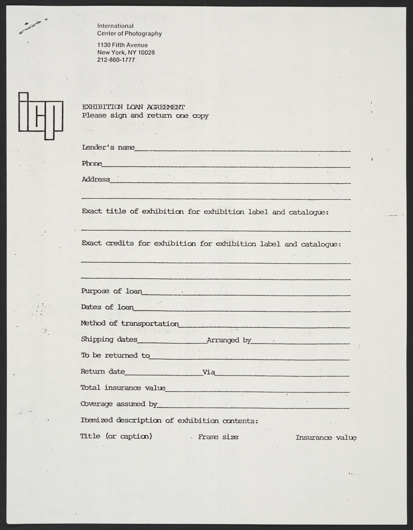 Blank Exhibition Loan Agreement Form n d Amon Carter Museum of