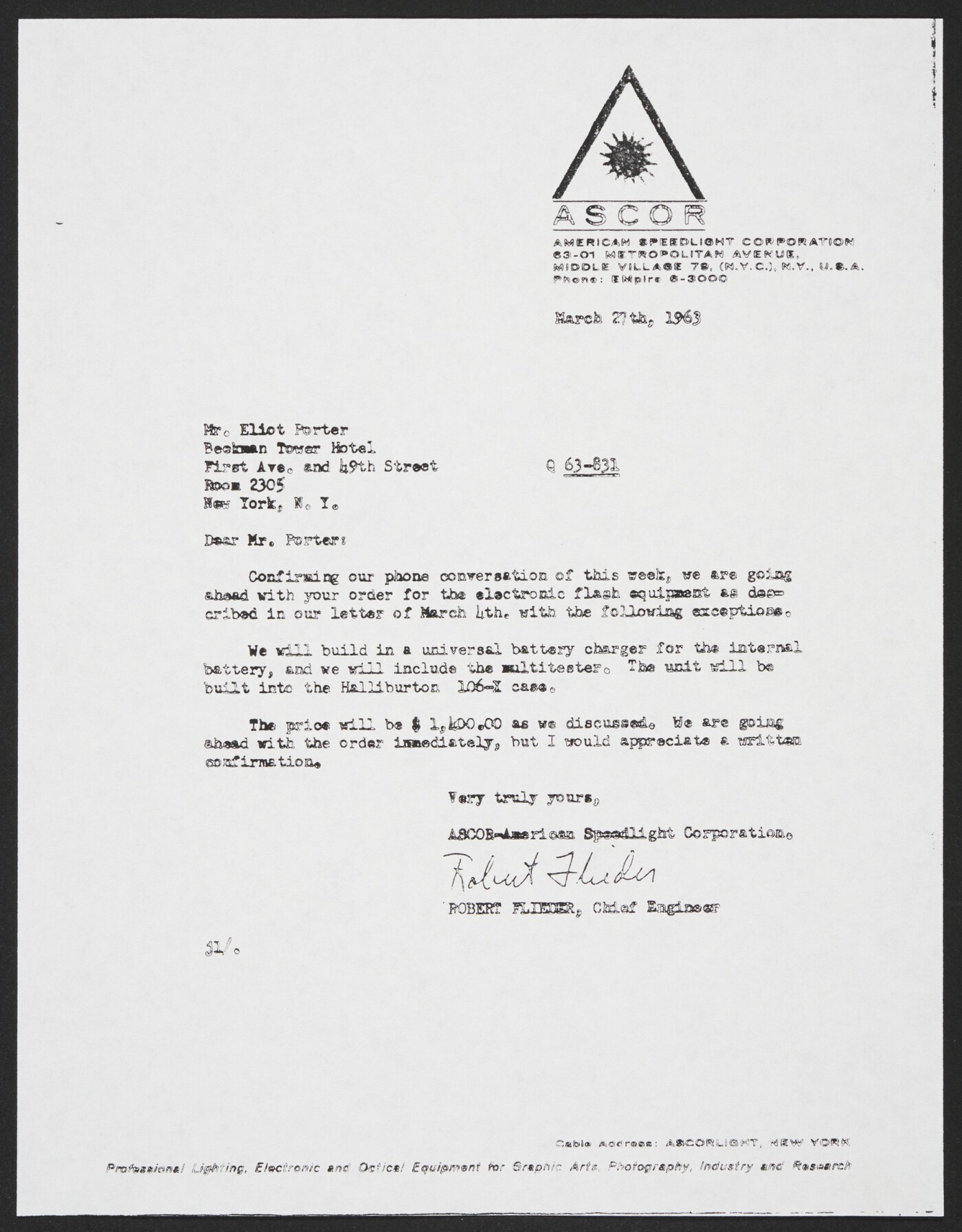 Robert Flieder Chief Engineer American Speedlight Corporation New York New York To Eliot Porter March 27 1963 Amon Carter Museum Of American Art