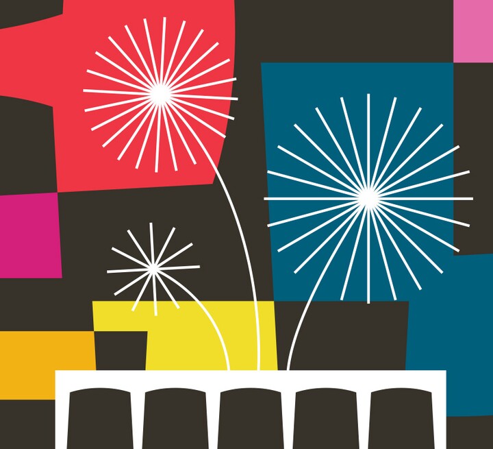 Graphic with arched square shapes in multiple colors behind a silhouette of the Carter museum; stylized fireworks are in the background