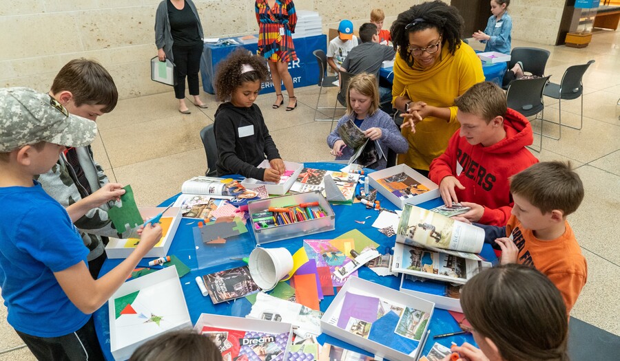 class participating in art making