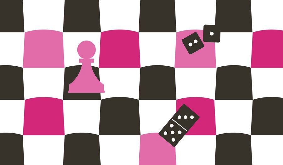 checkerboard with game piece, domino, and dice