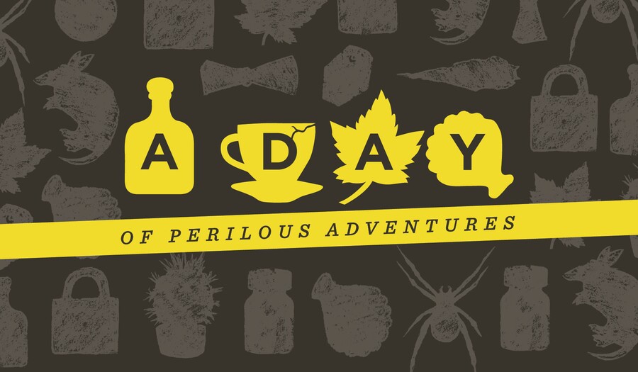 Black, gray, and yellow graphic that says, "A Day of Perilous Adventures"