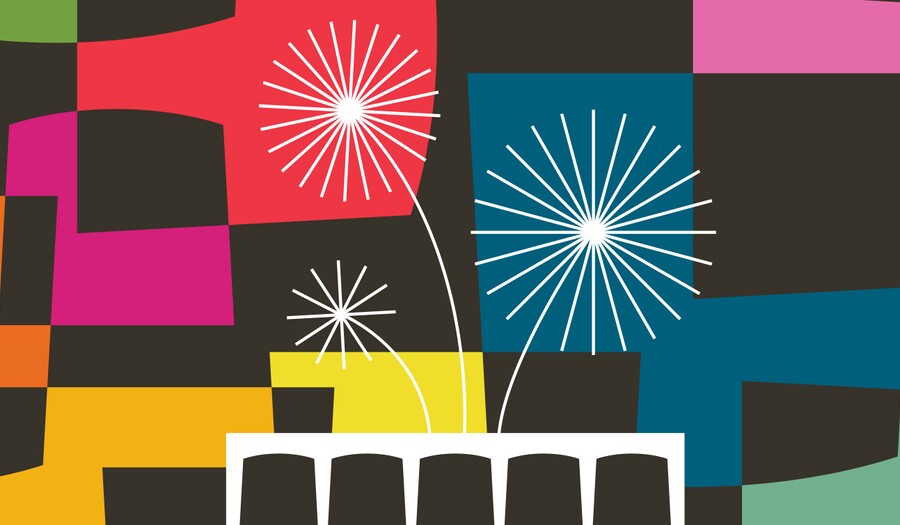 Graphic with arched square shapes in multiple colors behind a silhouette of the Carter museum; stylized fireworks are in the background