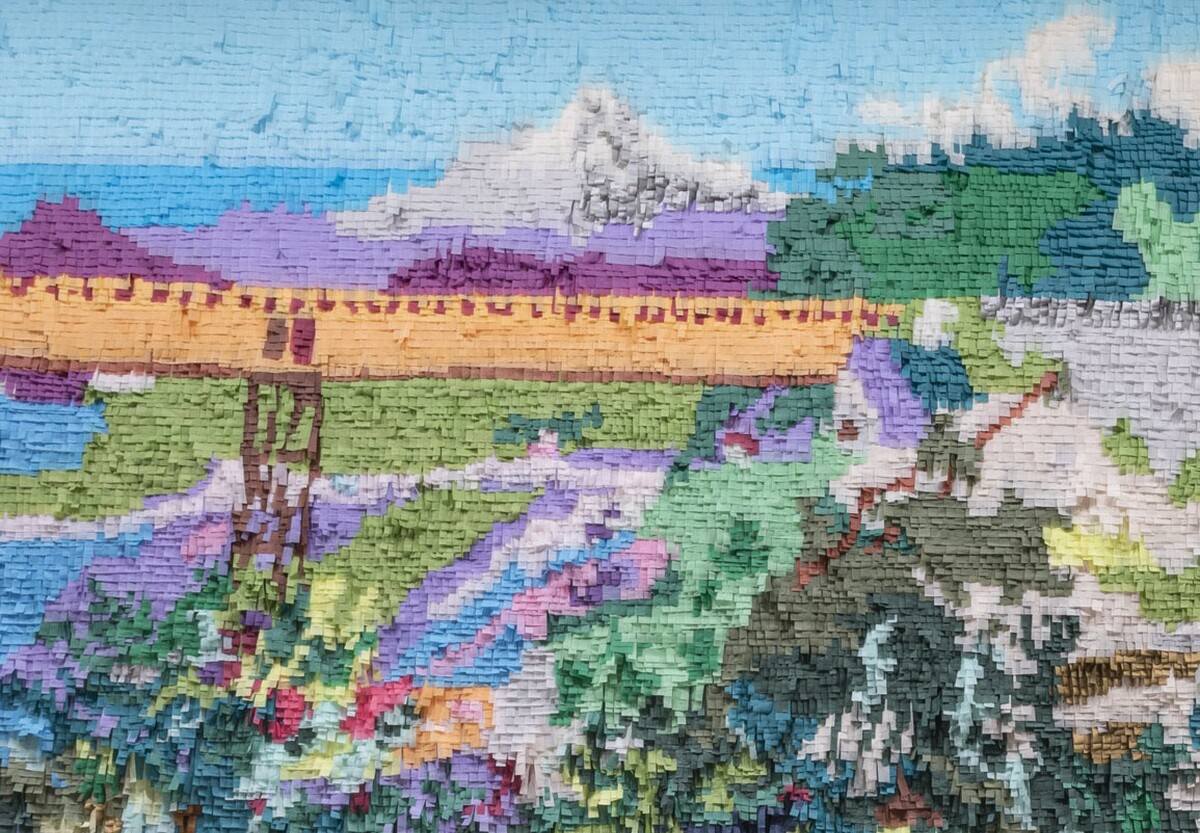 mountain and bridge made out of tissue paper on a wall